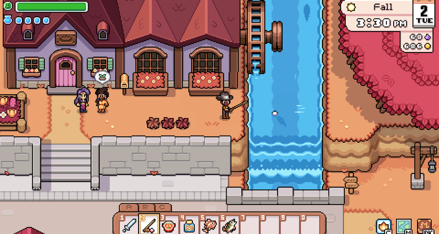 Player fishing beside the bathhouse during fall